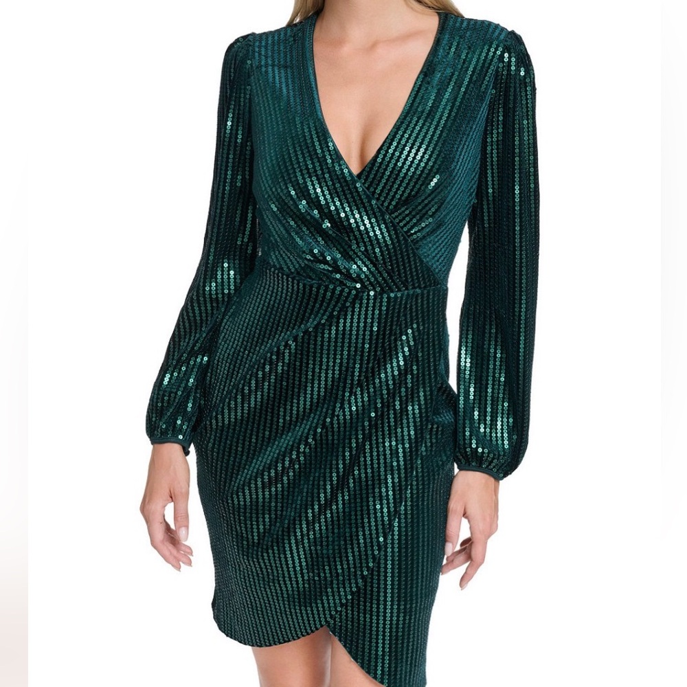 Calvin Klein Emerald Green Sequin Wrap Dress | Size 14 | Long Sleeve | MSRP $189